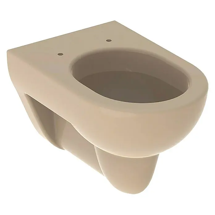 Geberit Renova Wand-WC - Mit Spülrand, Spülform: Tief, WC Abgang: Waagerecht, Beige - Nahaufnahme einer hängenden WC-Keramik in Beige. Das spülrandlose Design und die verdeckte Befestigung sorgen für ein modernes Erscheinungsbild.