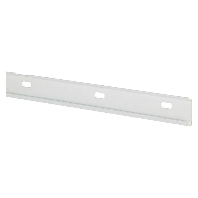Elfa Garage+/Décor+ by Elfa Aufhängeschiene - Länge: 185,5 cm, Metall, Matt Weiß - Abbildung einer weißen Möbelschiene mit Befestigungslöchern. Das Produkt ist für Möbelmontage und Stabilität konzipiert.