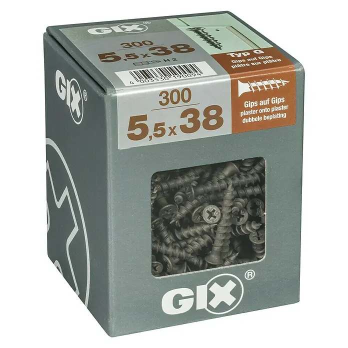 Spax Trockenbauschraube GIX G - Durchmesser: 5,5 mm, Länge: 38 mm, Trompetenkopf, 300 Stk. - Eine Packung GIX Gipskartonschrauben, 5,5 x 38 mm, mit 300 Stück für Gipsplattenbefestigungen, gut sichtbar in der transparenten Verpackung.