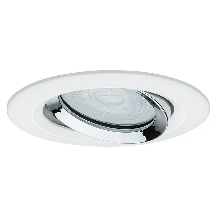 Paulmann LED-Einbauleuchte Nova - 7 W, Farbe Gehäuse: Weiß, Lichtfarbe: Warmweiß - Nahaufnahme einer runden, weißen LED-Deckeneinbauleuchte mit schwenkbarem Chromrahmen, die modernes Design und Funktionalität vereint.