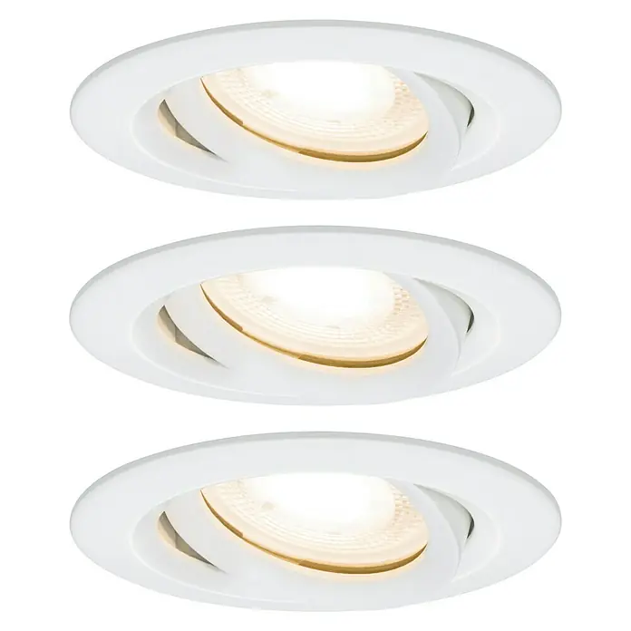 Paulmann Nova LED-Einbauleuchten-Set Coin - 7 W, Warmweiß, IP65, 3 Stk., Weiß - Das Bild zeigt drei runde, weiße LED-Einbaustrahler mit warmweißem Licht. Ideal für eine moderne und energieeffiziente Beleuchtung.
