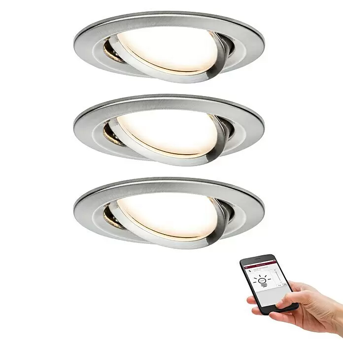 Paulmann Set de focos LED empotrables Nova Plus Regulables - Diámetro: 8,4 cm, Hierro cepillado, 6 W - Tres focos LED empotrables de metal cepillado, controlables con aplicación móvil.