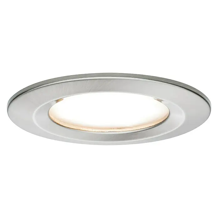 Paulmann LED-Einbauleuchte Nova - 6,5 W, Eisen gebürstet, Warmweiß, 1 Stk. - Nahaufnahme einer runden LED-Deckenleuchte mit gebürstetem Nickelrahmen, die ein warmes, einladendes Licht ausstrahlt.