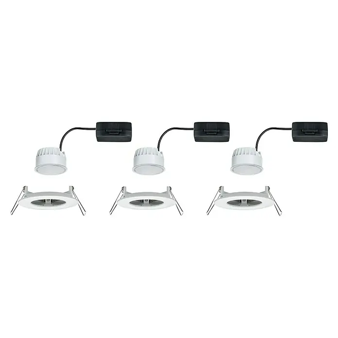 Paulmann Nova LED-Einbauleuchten-Set - 6,5 W, 3 Stk., Warmweiß, Durchmesser: 7,8 cm, Weiß - Dieses Bild zeigt eine Nahaufnahme von drei Deckeneinbaustrahlern, die jeweils mit einem Treiber und einer Halterung ausgestattet sind.
