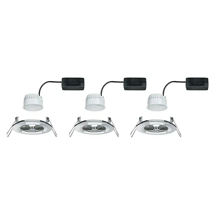 Paulmann Nova LED-Einbauleuchten-Set - 6,5 W, 3 Stk., Warmweiß, Durchmesser: 7,8 cm, Chrom - Ein Satz von drei LED-Deckeneinbaustrahlern mit Chromblenden und separaten Treibern für moderne Beleuchtungslösungen.