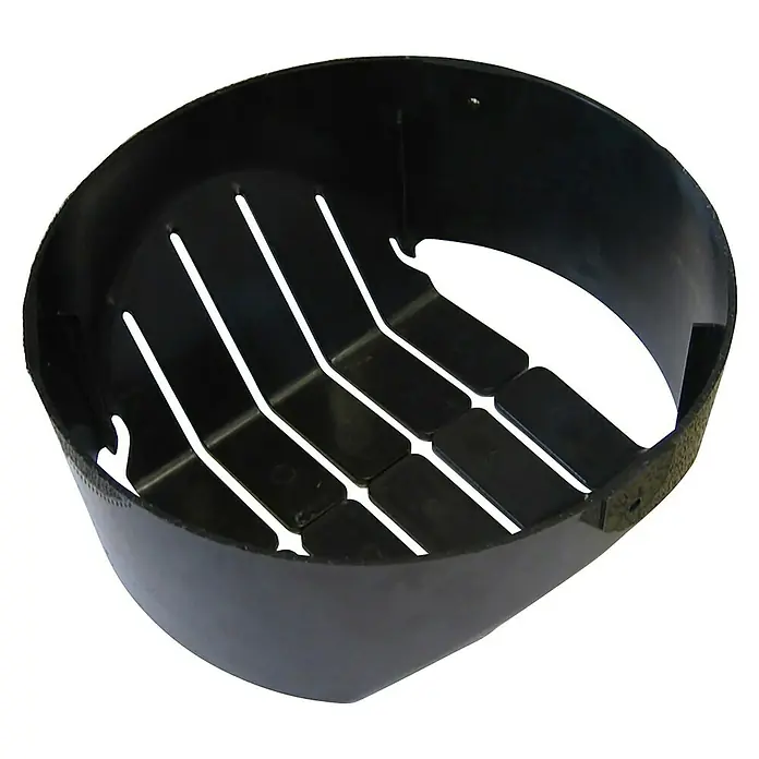 Haemmerlin Bauschuttbremse für Schuttrutsche - Kunststoff, Passend für: Bauschuttrutschen - Ein schwarzer, runder Auffangbehälter mit Schlitzen, ideal für Flüssigkeiten und zur Verwendung in verschiedenen Anwendungen.
