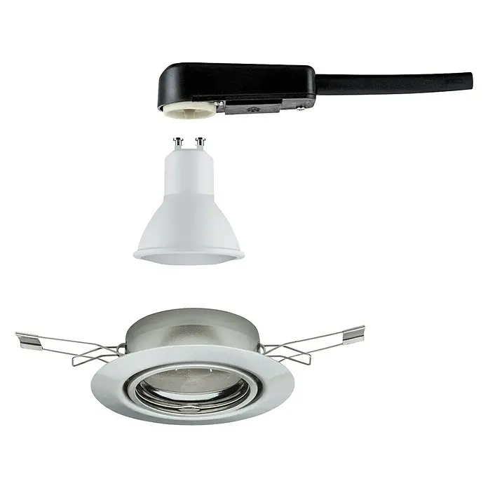Paulmann LED-Einbauleuchte Base - 5 W, Eisen gebürstet, Warmweiß - Ein zerlegter Einbaustrahler mit schwarzem Gehäuse, weißem Lampenschirm und silberner Fassung.