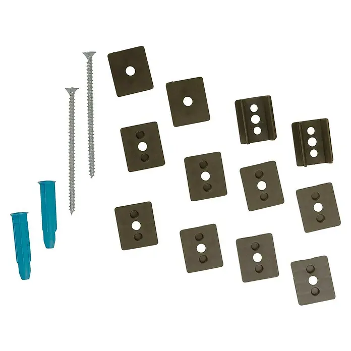 Elfa Décor+ by Elfa Abstands-Set - Passend für: Regalsystem Décor+ by Elfa, Grau - Ein Arrangement aus blauem Dübel und Metallbefestigungen mit Schrauben, ideal für sichere Wandinstallationen.