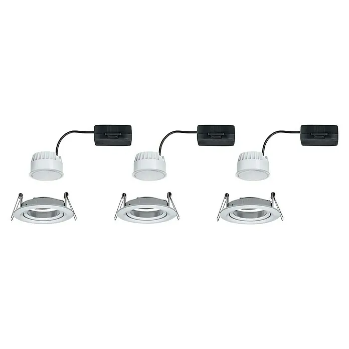 Paulmann Nova LED-Einbauleuchten-Set - 6,5 W, 3 Stk., Warmweiß, Durchmesser: 8,4 cm, Aluminium - Drei Sätze von LED-Einbaustrahlern mit runden, weißen Lampenköpfen und silbernen Rahmen, verbunden mit schwarzen Transformatoren.