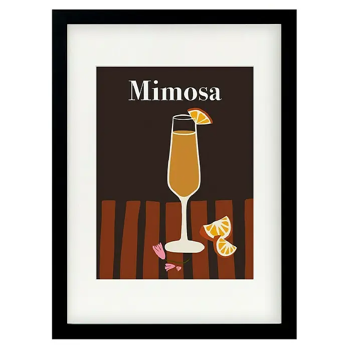 Papermoon Bild - Mimosa, B x H: 70 x 100 cm, Mit Passepartout, Rahmen Schwarz - Gerahmtes Mimosa-Poster mit einem prickelnden Cocktail, einer Orangenscheibe und einem stilvollen Design für eine elegante Dekoration.