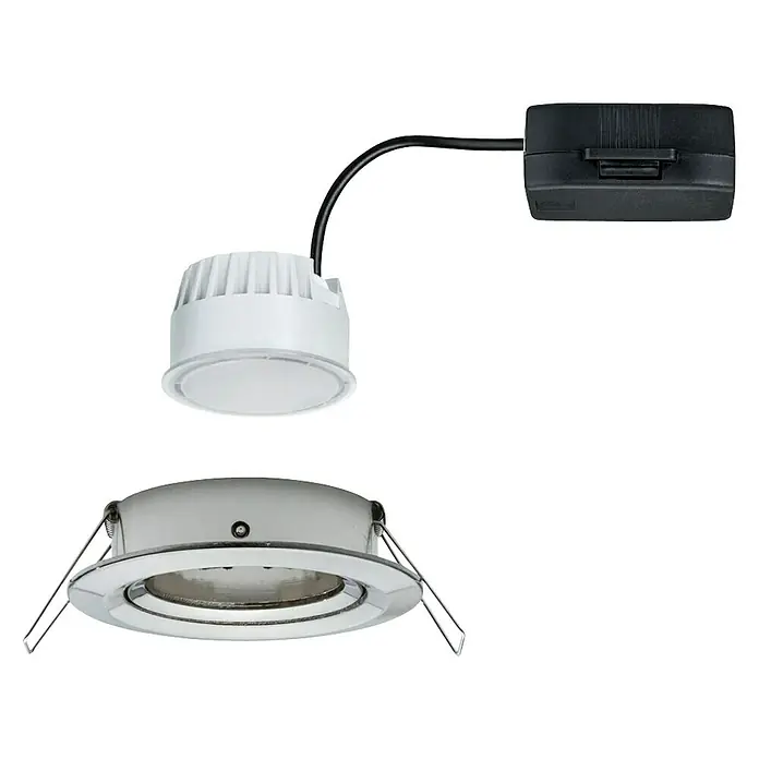 Paulmann Nova LED-Einbauleuchte - 6,5 W, Eisen gebürstet, Warmweiß, Gesamtstückzahl: 1 Stk. - Abgebildete ist eine LED-Einbauleuchte, bestehend aus Leuchte, LED-Treiber und Befestigung. Die Leuchte ist weiß und hat eine runde Form.