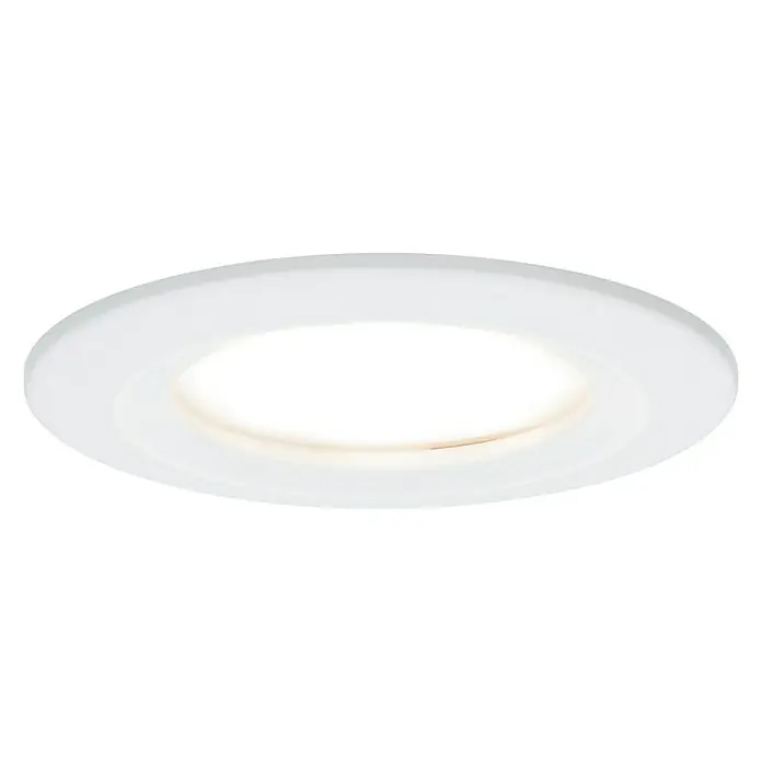 Paulmann LED-Einbauleuchte Nova - 6,5 W, Weiß, Warmweiß - Diese Aufnahme zeigt eine stilvolle, runde LED-Deckenleuchte in Weiß, die ein angenehmes, warmes Licht ausstrahlt und sich ideal für moderne Innenräume eignet.