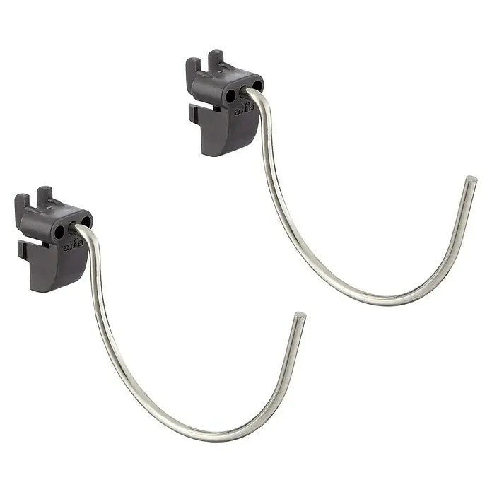 Elfa Garage+ by Elfa Haken - L x H: 12,2 x 2,1 cm, Metall - Aufnahme von zwei Elfa-Hängevorrichtungen mit silberfarbenen Drähten, die an den schwarzen Befestigungen befestigt sind.