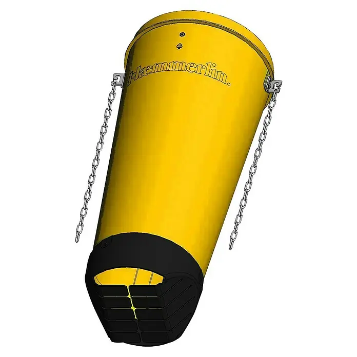 Haemmerlin Bauschuttbremse für Schuttrutsche - Kunststoff, Passend für: Bauschuttrutschen - Gelbe Hammer Merlin Tonne mit schwarzem Boden und silbernen Ketten. Sie ist robust und gut für den Einsatz im Freien geeignet.
