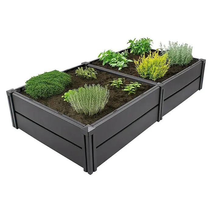 KHW Hochbeet Demeter L - 158 x 82 x 31 cm, Kunststoff, Anthrazit - Ein rechteckiges Hochbeet aus dunklem Material mit verschiedenen Kräutern und Pflanzen in separaten Abteilen.