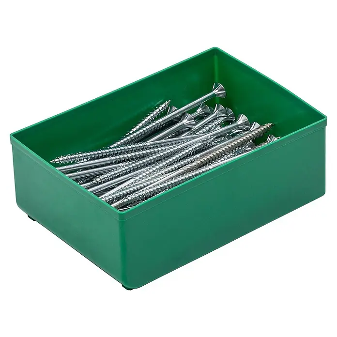 Lockweiler Compartimento para piezas pequeñas - 10,8 x 16,2 x 6,3 cm, Verde - Caja verde llena de muchos tornillos plateados brillantes, ideal para proyectos de construcción y reparación.