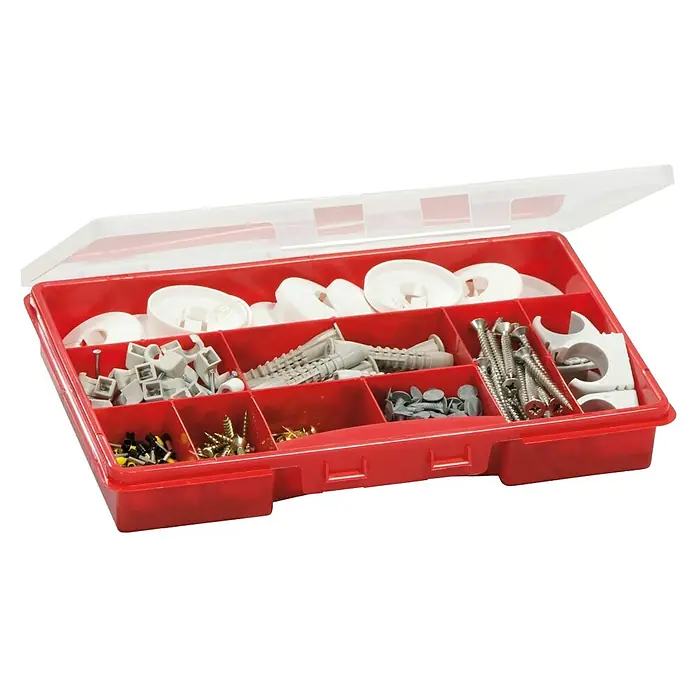 Lockweiler Estuche para piezas pequeñas Ordinus 2-9 - Número de compartimentos: 9 ud., 275 x 180 x 41 mm, Sin contenido - Caja de surtido con varios elementos de fijación como tornillos, tacos, abrazaderas de cable y tapones ciegos en una caja de plástico roja.