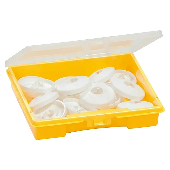 Lockweiler Estuche para piezas pequeñas Ordinus 1-0 - Número de compartimentos: 1 ud., 180 x 150 x 36 mm - Caja de plástico amarilla con tapa transparente, llena de objetos blancos y redondos con un agujero en el centro. Ideal para almacenamiento y organización.