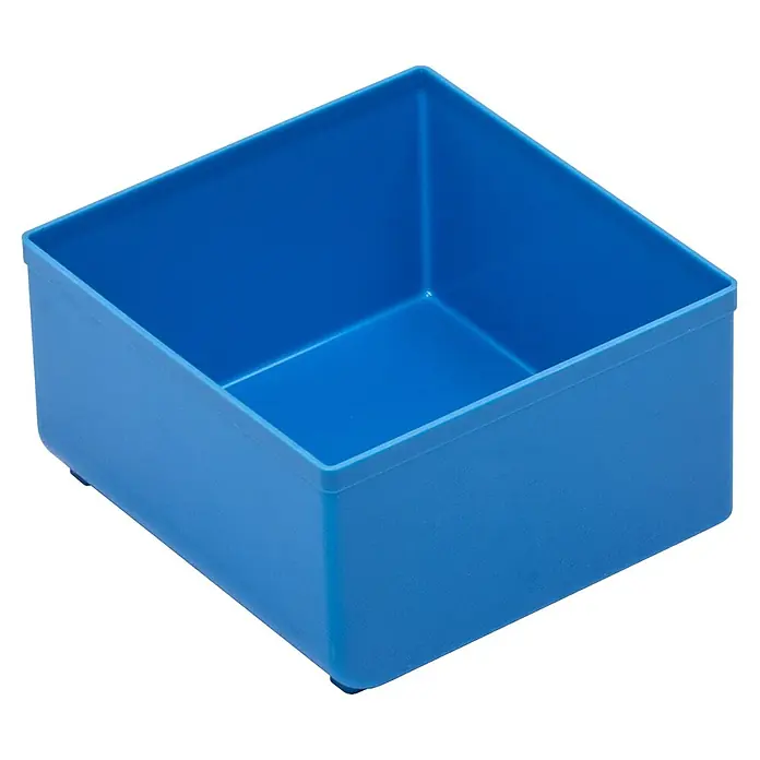Lockweiler Compartimento para piezas pequeñas - 10,8 x 10,8 x 6,3 cm, Azul - Se muestra una caja de plástico cuadrada azul, vacía y abierta, ideal para el almacenamiento de diversos artículos en el hogar o la oficina.