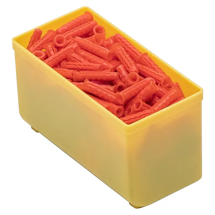 Lockweiler Compartimento para piezas pequeñas - 5,4 x 10,8 x 6,3 cm, Amarillo - Recipiente amarillo lleno de tacos rojos, ideal para proyectos de bricolaje y construcción.