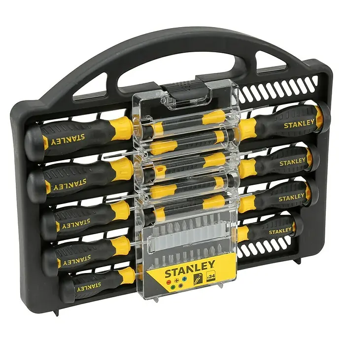 Stanley Set de destornilladores Cushion Grip® - 34 pzs. - El juego de destornilladores Stanley de 34 piezas incluye varias puntas y destornilladores, perfecto para aficionados al bricolaje y profesionales.