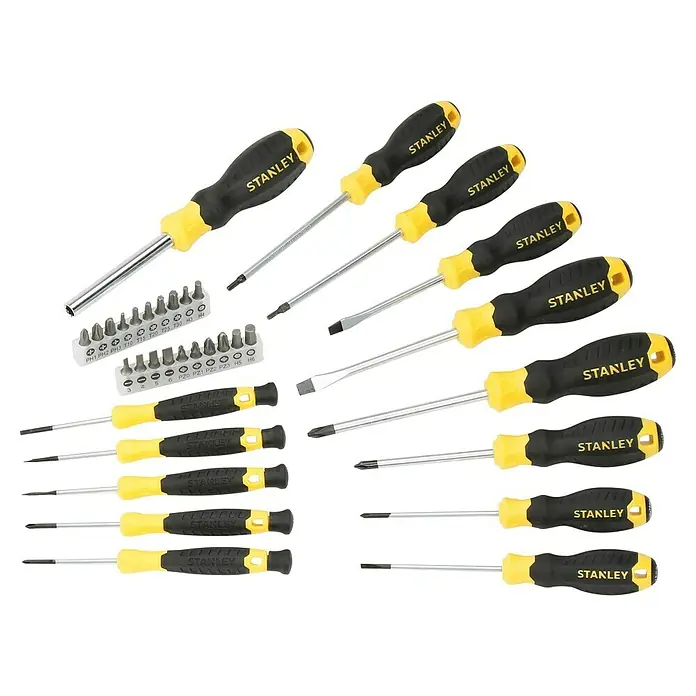 Stanley Set de destornilladores Cushion Grip® - 34 pzs. - Primer plano de un juego de destornilladores Stanley con mangos amarillos y negros y varias puntas, ideal para aficionados al bricolaje y profesionales.