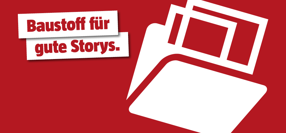 Roter Hintergrund mit Ordner Icon und Titel Baustoff für gute Storys.