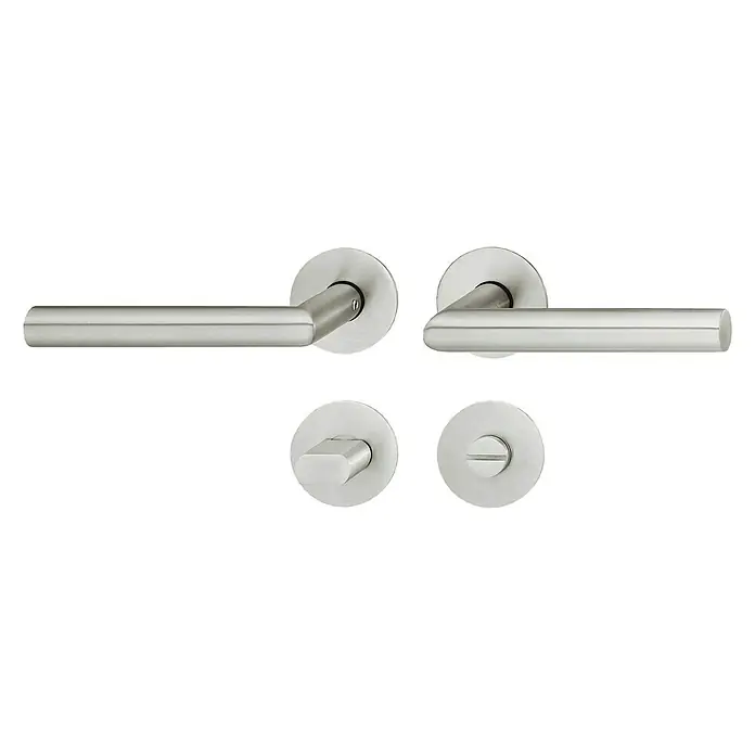 Häfele WC-Drückergarnitur LDH 2198 - Schlitzkopf/Olive, Edelstahl - Diese Abbildung zeigt ein Set aus satinierten Türgriffen und Beschlägen in modernem Design, ideal für ein stilvolles Zuhause.