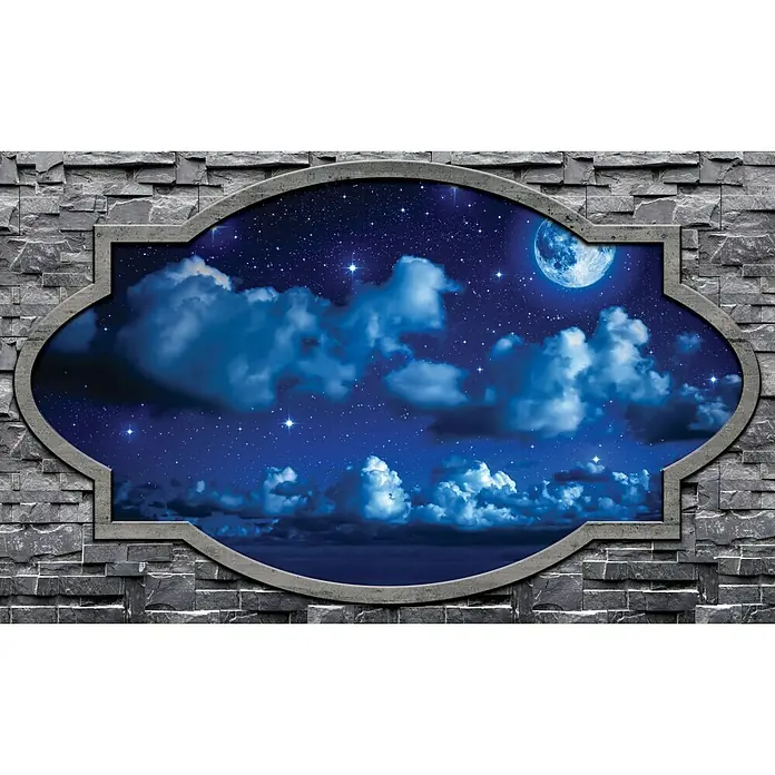 Fototapete HimmelB x H: 312 x 219 cm, Vlies - Wandbild mit einem Steinfenster, das einen Nachthimmel mit Mond und Wolken zeigt, für eine stimmungsvolle Raumgestaltung.