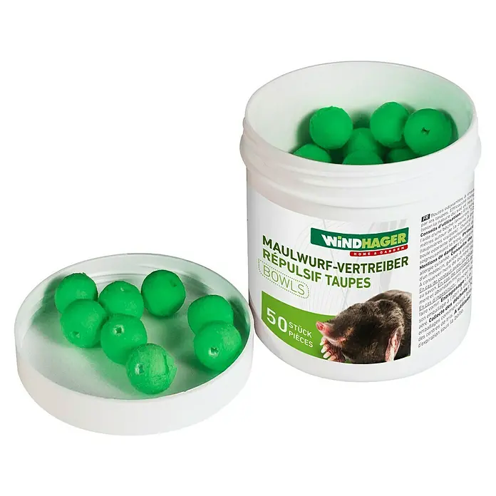 Windhager Nagetiervertreiber Maulwurf Abwehrkugeln - 50 Stk., Wirkstoff: Eucalyptusöl - Windhager Maulwurf-Vertreiber Bowls: Grüne Kugeln zur Maulwurfbekämpfung. Effektive Lösung für den Garten.