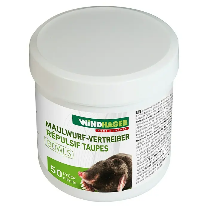 Windhager Nagetiervertreiber Maulwurf Abwehrkugeln - 50 Stk., Wirkstoff: Eucalyptusöl - Maulwurf-Vertreiber "Bowls" von Windhager. Das Produkt ist in einer Dose verpackt und enthält 50 Stück. Effektive Maulwurfbekämpfung für den Garten.