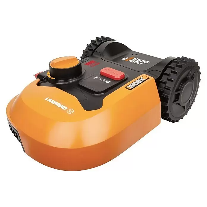 Worx PowerShare 20V Robot cortacésped Landroid M500 - 500 m², Ancho de corte: 18 cm, Navegación por inducción, Cable de antena - Robot cortacésped naranja y negro con ruedas grandes, panel de control y dial ajustable.