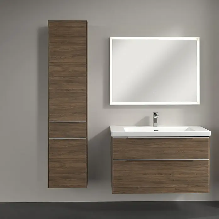 Villeroy & Boch Subway 3.0 Hochschrank - B x T x H: 40 x 36,2 x 171 cm, 1x Schublade, 2x Tür, Arizona Oak, Farbe Griff: Aluminium glänzend, DIN Anschlag: Links - Modernes Badezimmer-Set mit Waschtischunterschrank, Waschbecken und Spiegelschrank mit Holzstruktur für ein stilvolles Ambiente.