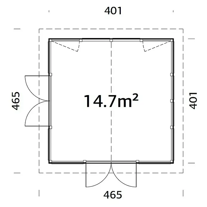 Palmako Gartenhaus Isabella - Außenmaß inkl. Dachüberstand (B x T): 465 x 465 cm, Tauchgrundiertes Holz, Grau - Grundriss des Gartenhauses mit 14,7 m² Innenfläche und Abmessungen 401 x 401 cm und 465 x 465 cm inklusive Türvorbauten.