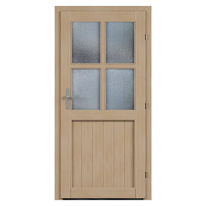Solid Elements Nebeneingangstür 8703 - 98 x 198 cm, DIN Anschlag: Rechts, Natur - Holzrahmentür mit vier Glaspaneelen und einer unteren Holzpaneele für Privatsphäre und natürliches Licht.