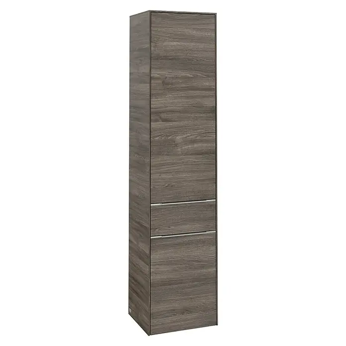 Villeroy & Boch Subway 3.0 Hochschrank - B x T x H: 40 x 36,2 x 171 cm, 1x Schublade, 2x Tür, Stone Oak, Farbe Griff: Aluminium glänzend, DIN Anschlag: Rechts - Foto eines schmalen, hochformatigen Holzschranks mit zwei Schubladen und einer durchgehenden Tür oben in dunkler Holzoptik.