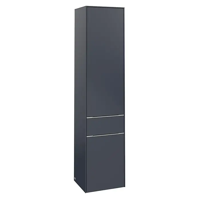 Villeroy & Boch Subway 3.0 Hochschrank - B x T x H: 40 x 36,2 x 171 cm, 1x Schublade, 2x Tür, Marine Blue, Farbe Griff: Aluminium glänzend, DIN Anschlag: Rechts - Ein schlanker, dunkelgrauer Hochschrank mit zwei Schubladen und minimalistischen, silbernen Griffen, ideal für moderne Innenräume.
