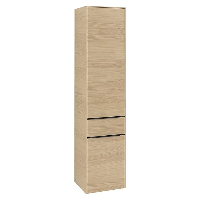 Villeroy & Boch Subway 3.0 Hochschrank - B x T x H: 40 x 36,2 x 171 cm, 1x Schublade, 2x Tür, Nordik oak, Farbe Griff: Volcano black, DIN Anschlag: Links - Elegantes Badezimmermöbel in heller Holzoptik mit schlichten schwarzen Griffen. Das Möbelstück bietet Stauraum und fügt sich nahtlos ins Bad ein.
