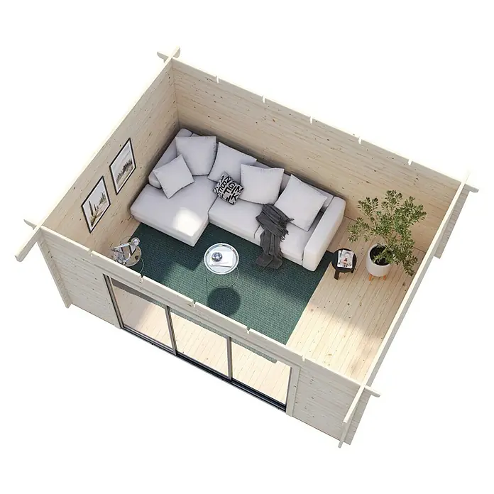 Palmako Gartenhaus Lea Slide Plus - Außenmaß inkl. Dachüberstand (B x T): 494 x 402 cm, Unbehandeltes Holz, Natur - Gemütliches Blockhaus-Interieur mit Sofa, Teppich und Pflanze. Das Holzhaus bietet eine entspannte Atmosphäre und viel Tageslicht durch die Fenster.