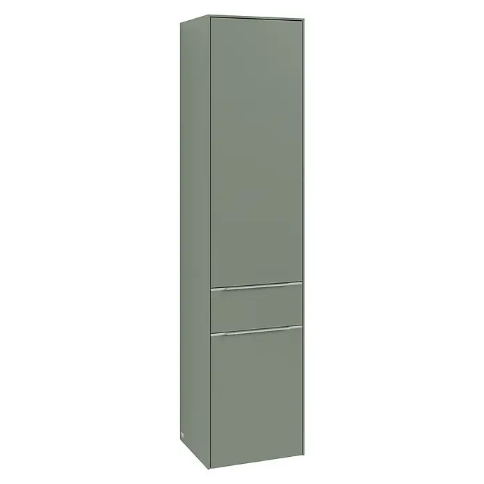 Villeroy & Boch Subway 3.0 Hochschrank - B x T x H: 40 x 36,2 x 171 cm, 1x Schublade, 2x Tür, Soft Green, Farbe Griff: Aluminium glänzend, DIN Anschlag: Rechts - Moderne Kommode in sanftem Grün. Sie verfügt über glatte Oberflächen und minimalistische Griffe, die ein elegantes Design ausstrahlen.