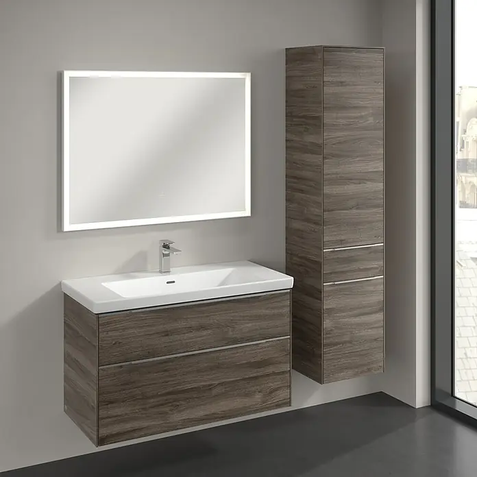 Villeroy & Boch Subway 3.0 Hochschrank - B x T x H: 40 x 36,2 x 171 cm, 1x Schublade, 2x Tür, Stone Oak, Farbe Griff: Aluminium glänzend, DIN Anschlag: Rechts - Moderne Waschtischkombination mit Holzstruktur, beleuchtetem Spiegel und Hochschrank für ein stilvolles Badezimmerambiente.