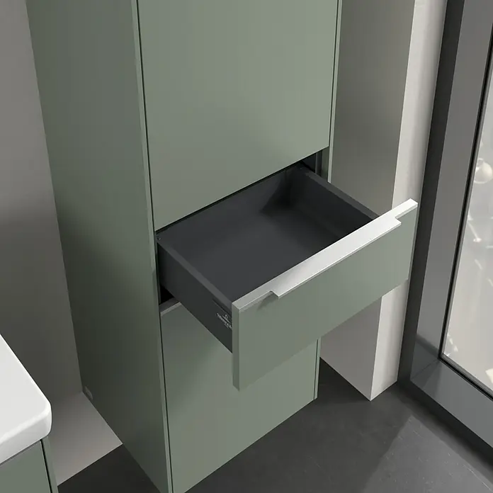 Villeroy & Boch Subway 3.0 Hochschrank - B x T x H: 40 x 36,2 x 171 cm, 1x Schublade, 2x Tür, Soft Green, Farbe Griff: Aluminium glänzend, DIN Anschlag: Rechts - Modernes Badmöbel mit offenem Auszug. Das Möbelstück in sanftem Grün harmoniert perfekt mit dem Interieur und bietet praktischen Stauraum.