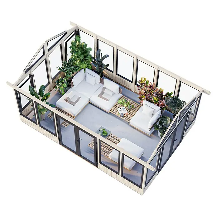 Palmako Gartenhaus Isabella - Außenmaß inkl. Dachüberstand (B x T): 661 x 465 cm, Unbehandeltes Holz, Natur - Ein gemütlicher Wintergarten mit weißen Möbeln und üppigen Pflanzen, ideal zum Entspannen.