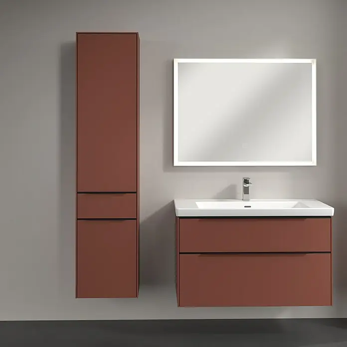 Villeroy & Boch Subway 3.0 Hochschrank - B x T x H: 40 x 36,2 x 171 cm, 1x Schublade, 2x Tür, Wine Red, Farbe Griff: Volcano black, DIN Anschlag: Links - Elegantes Badezimmer-Set mit Spiegelschrank, Waschbeckenunterschrank und Hochschrank in modernem Design und warmem Farbton.