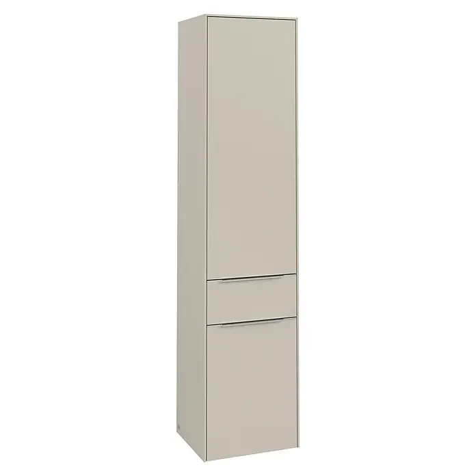 Villeroy & Boch Subway 3.0 Hochschrank - B x T x H: 40 x 36,2 x 171 cm, 1x Schublade, 2x Tür, Cashmere Grey, Farbe Griff: Aluminium glänzend, DIN Anschlag: Rechts - Ein eleganter, beiger Kleiderschrank mit zwei Schubladen bietet praktischen Stauraum und fügt sich nahtlos in moderne Einrichtungen ein.