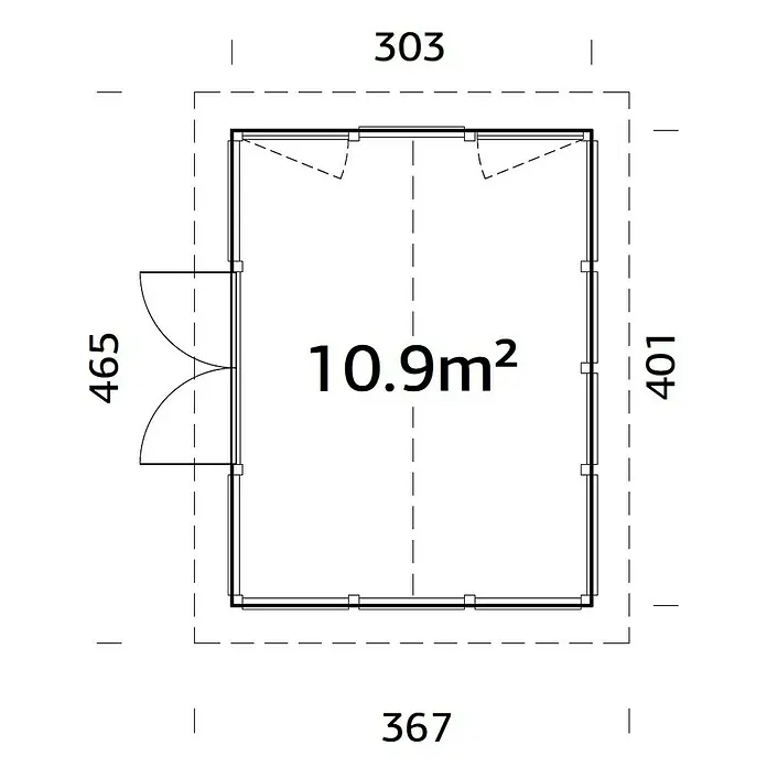 Palmako Gartenhaus Isabella - Außenmaß inkl. Dachüberstand (B x T): 465 x 367 cm, Unbehandeltes Holz, Natur - Grundriss eines rechteckigen Gartenhauses mit einer Fläche von 10,9 m², Maße: 367 x 303 cm, mit Doppeltür an der linken Seite.