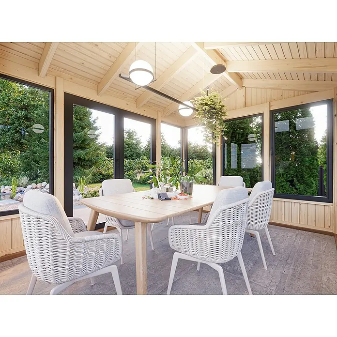 Palmako Gartenhaus Isabella - Außenmaß inkl. Dachüberstand (B x T): 465 x 367 cm, Unbehandeltes Holz, Natur - Helle Essecke in einem Gartenhaus mit Esstisch, Stühlen und Aussicht ins Grüne. Ideal für Mahlzeiten im Freien und stilvolles Ambiente.