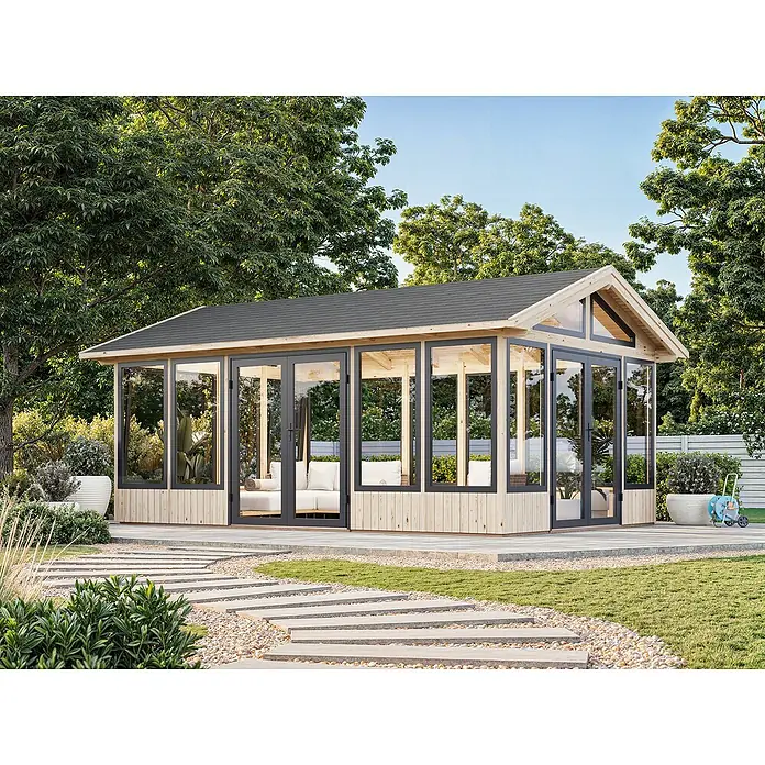 Palmako Gartenhaus Isabella - Außenmaß inkl. Dachüberstand (B x T): 661 x 465 cm, Tauchgrundiertes Holz, Natur - Eine elegante Gartenoase: Das Holzgartenhaus mit Glasfront bietet einen hellen, stilvollen Rückzugsort im Grünen.