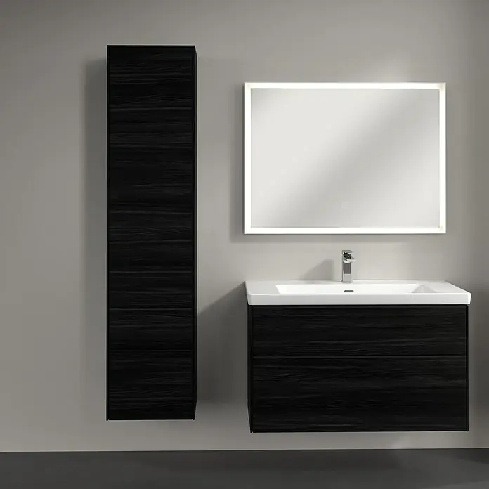 Villeroy & Boch Subway 3.0 Hochschrank - B x T x H: 40 x 36,2 x 171 cm, 1x Schublade, 2x Tür, Black Oak, Farbe Griff: Volcano black, DIN Anschlag: Links - Badezimmer-Set mit schwarzem Waschtischunterschrank, Spiegelschrank mit Beleuchtung und Hochschrank mit elegantem Design für moderne Bäder.