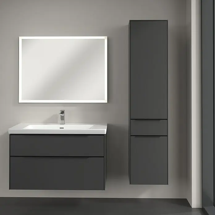 Villeroy & Boch Subway 3.0 Hochschrank - B x T x H: 40 x 36,2 x 171 cm, 1x Schublade, 2x Tür, Graphite, Farbe Griff: Volcano black, DIN Anschlag: Rechts - Elegantes Badezimmer-Set mit Waschtischunterschrank, Aufsatzwaschbecken, beleuchtetem Spiegel und passendem Hochschrank in modernem Grau.